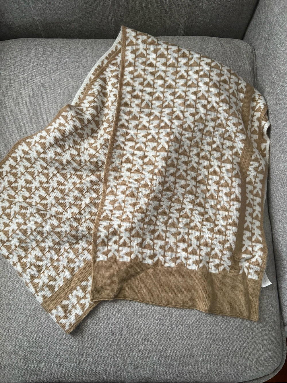Michael Kors Cream and Tan Logo Jacquard Scarf Wrap